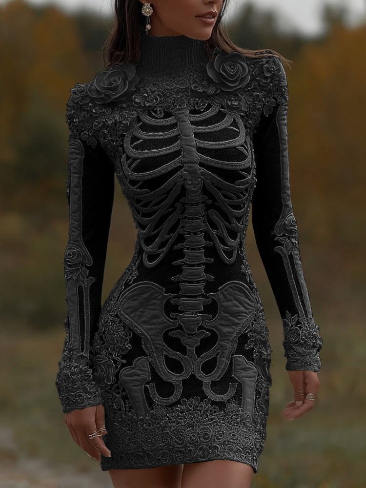 Women's Halloween Skeleton Bones With Rose Art Cozy Knit Turtleneck Mini Sweater Dress artswardrobe