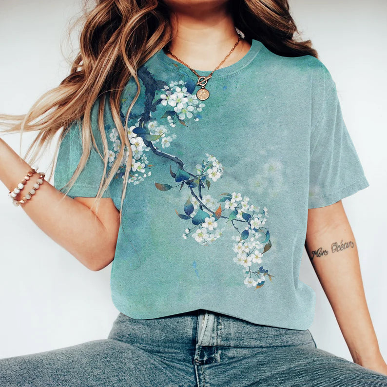 Comstylish Japanese Antique Pear Blossom Ink Painting Print T-Shirt