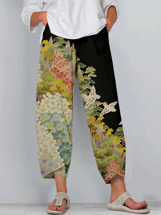 Comstylish Japanese Art Painting Pattern Cropped Casual Pants