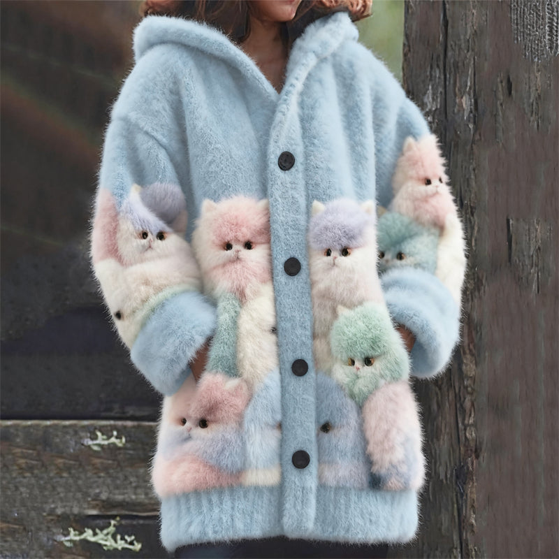 Comstylish Colorful Fuzzy Cats Cozy Knit Hooded Cardigan