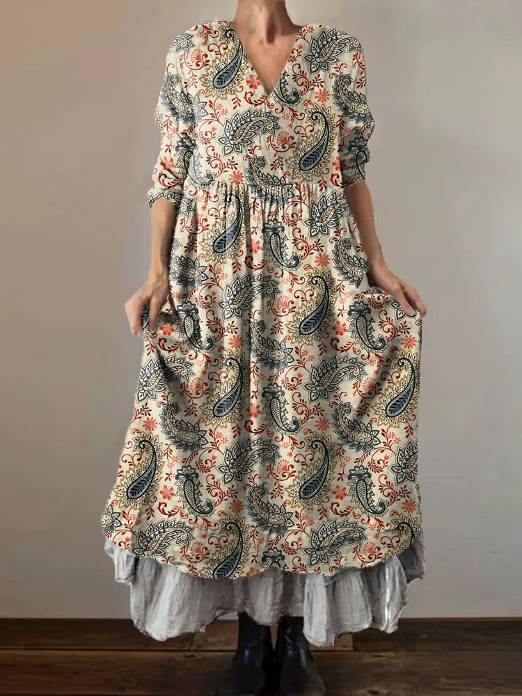 Women's Hippie Art Floral Print V Neck Dress