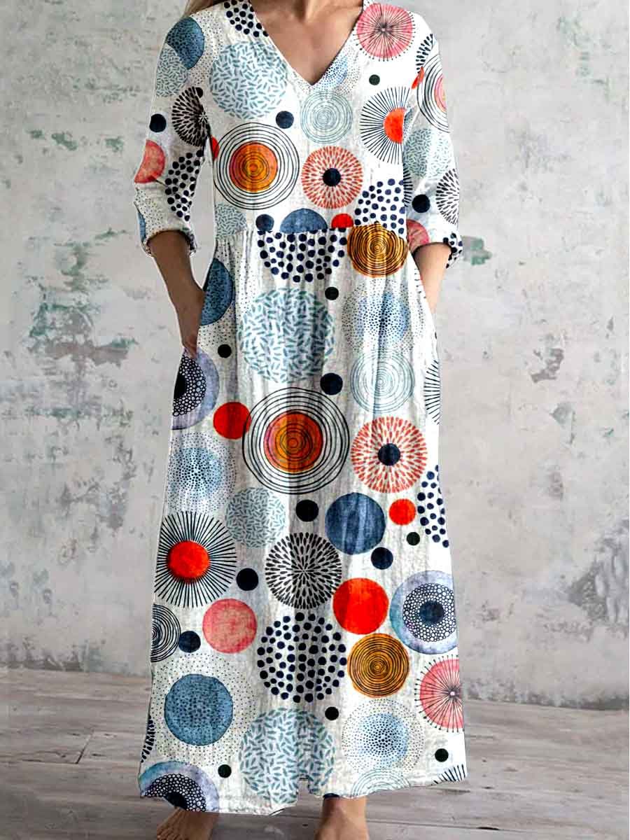 Women's V-neck Seaweed Pattern Resort Style Cotton And Linen Dress Wit