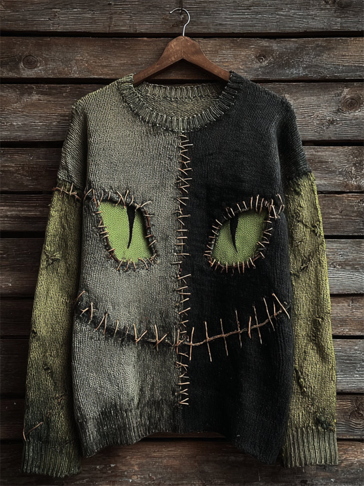 Halloween Black Cat Face Contrast Stitched Cozy Knit Sweater artswardrobe