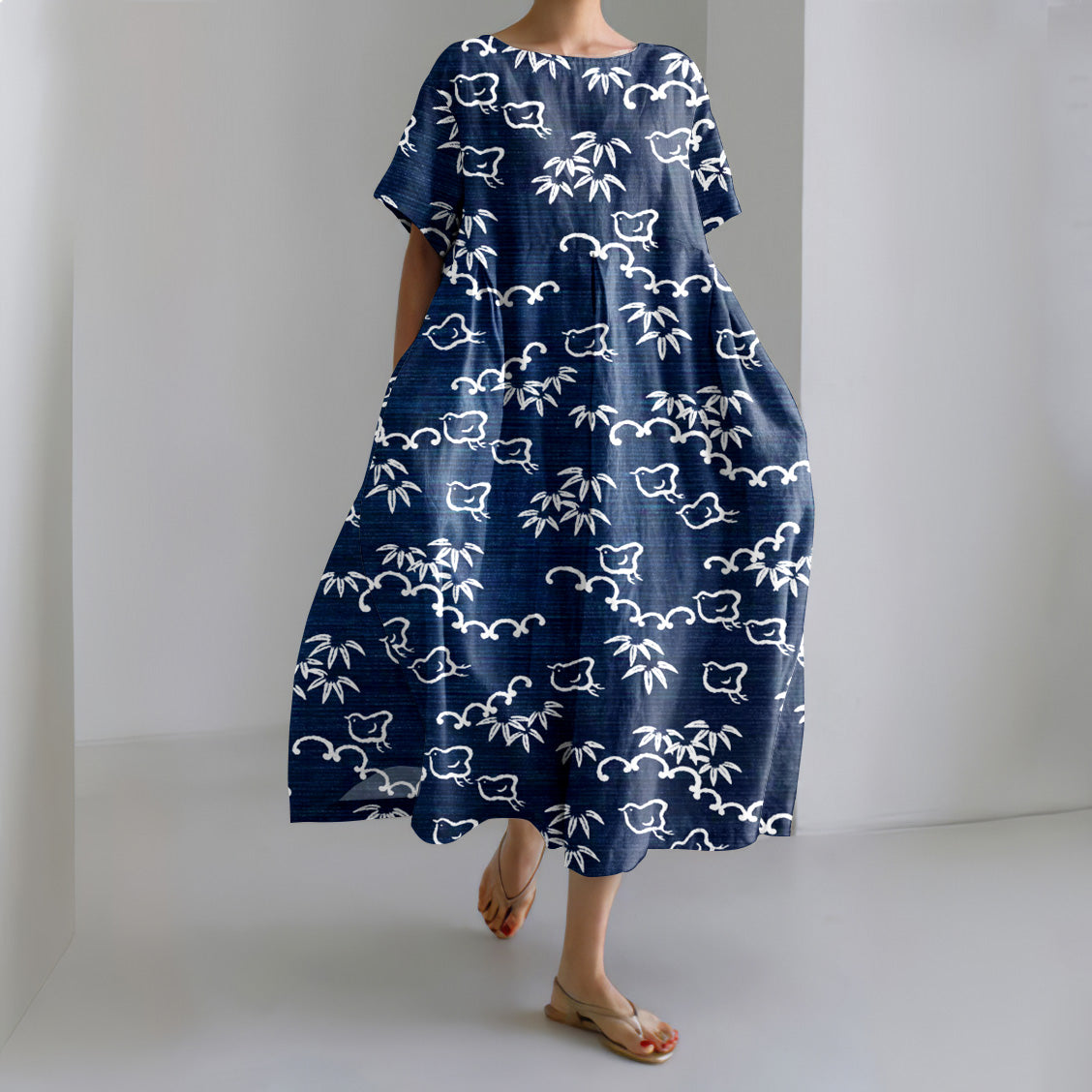 Comstylish Japanese Art Bird Bamboo Print Loose Midi Dress