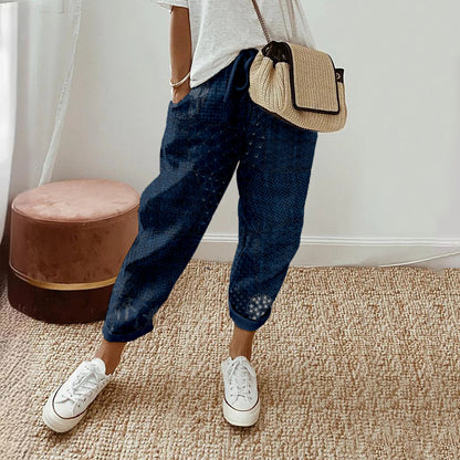 Comstylish Japanese Traditional Sashiko Art Comfy Linen Pants