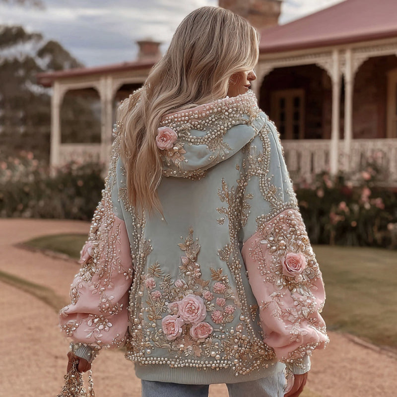 Comstylish Women's Vintage Pink Floral Embroidery Art Contrast Color Stitching Long Sleeve Hoodie