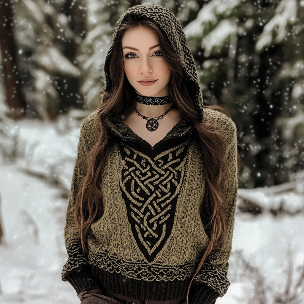 Women's Viking Style Celtic Knot Knitted Jacquard Hooded Sweater artswardrobe