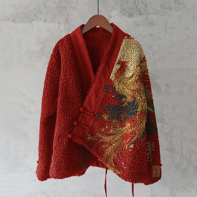 Comstylish Gold Phoenix Embroidered Plush Kimono Cardigan