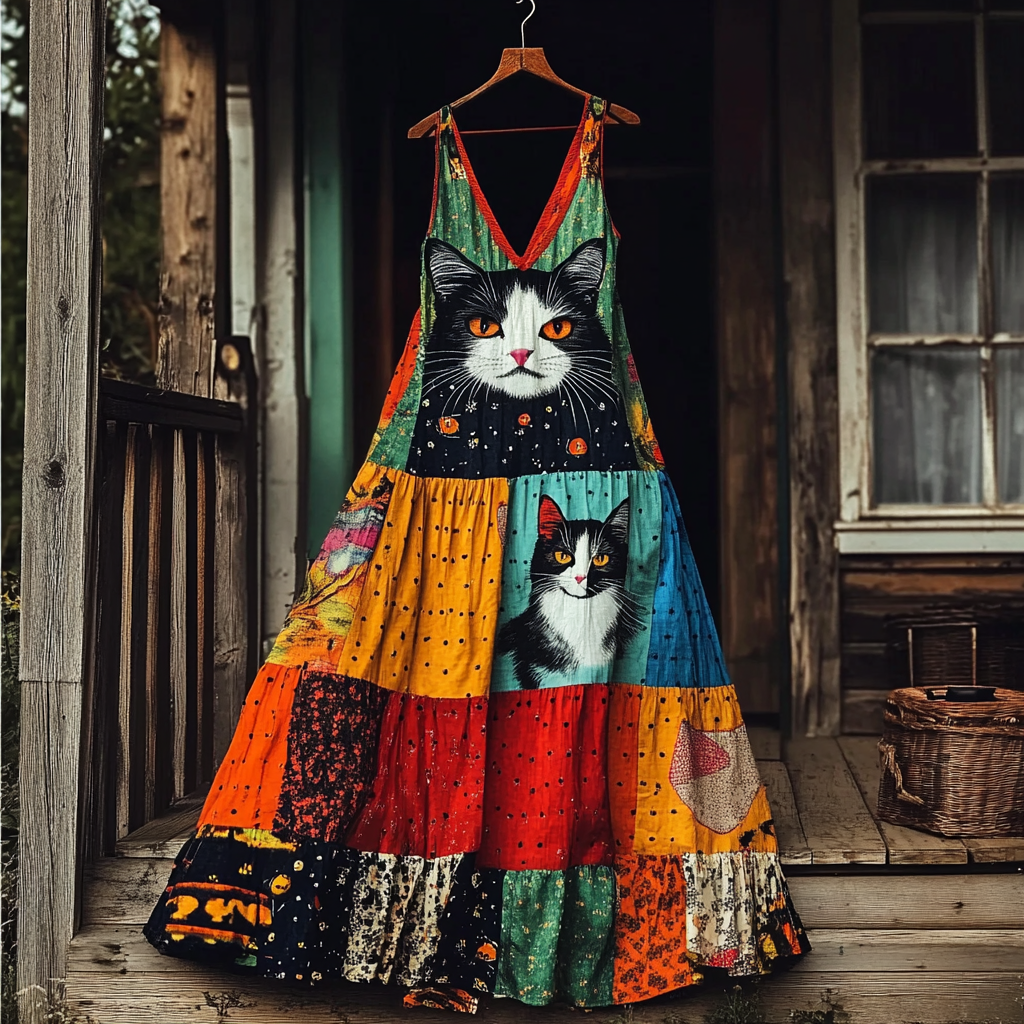 Comstylish Womens Pop Art Cat Casual V Neck Dress