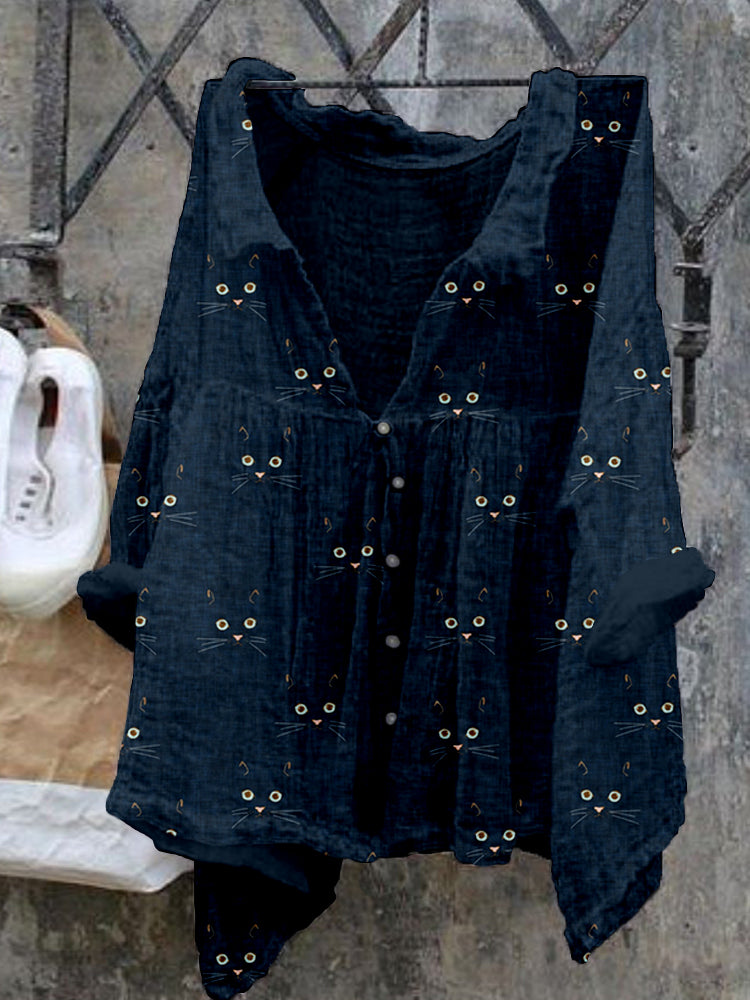 Cute Cat Face Pattern Cozy Flowy Shirt elevenforest