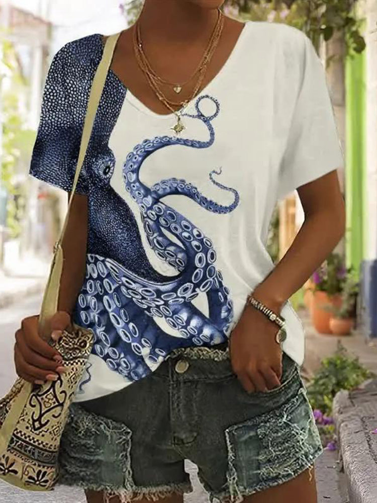 Comstylish Japanese Art Octopus Graphic Print V-neck T-shirt