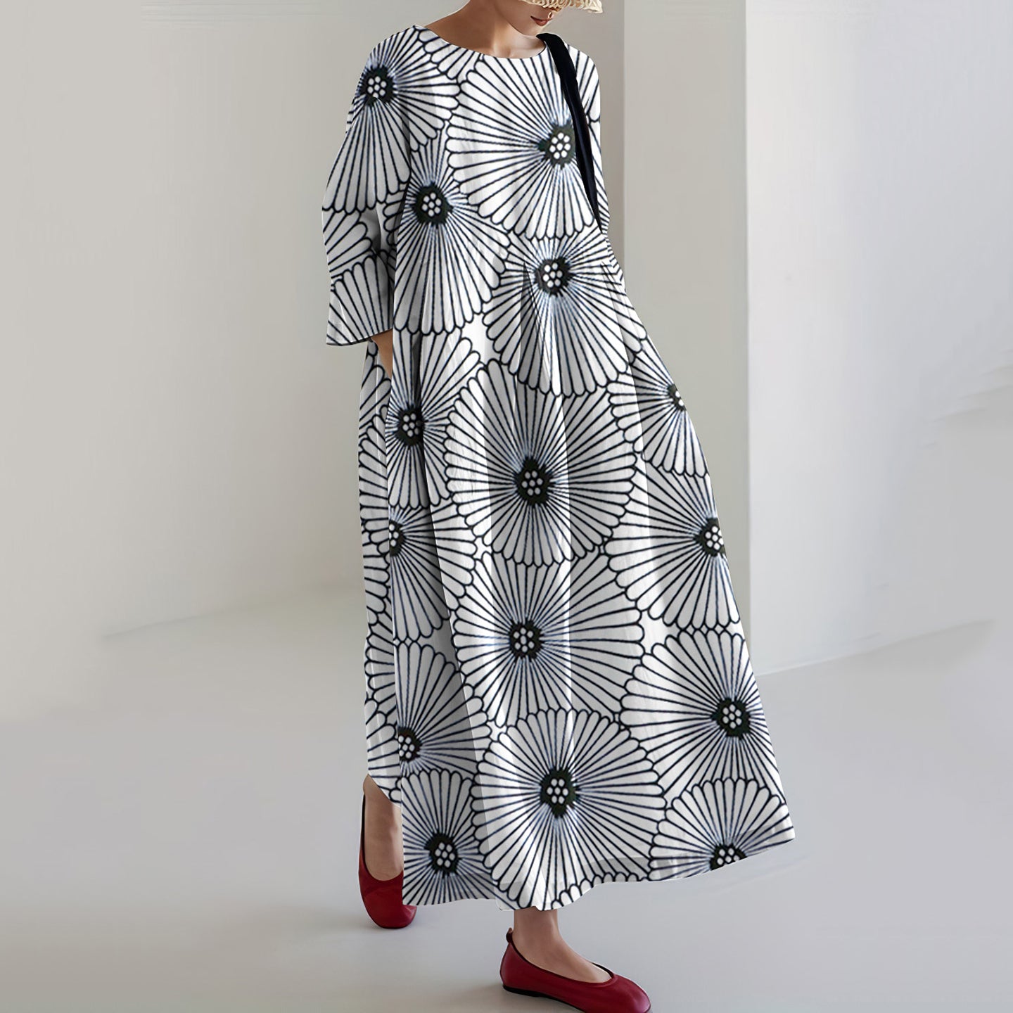 Comstylish Japanese Art Print Loose Casual Midi Dress