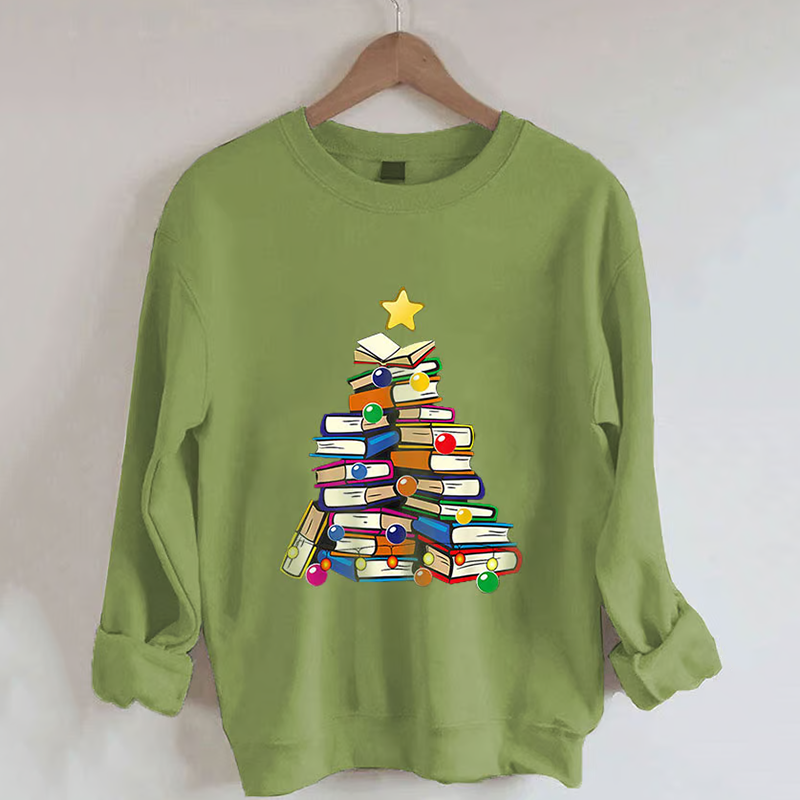 Comstylish Women's Christmas Book Tree Print Casual Sweatshirt
