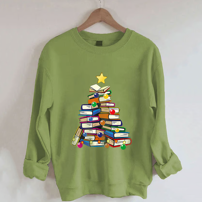 Comstylish Women's Christmas Book Tree Print Casual Sweatshirt