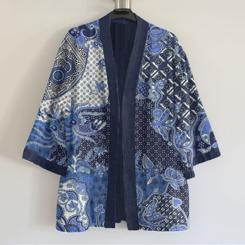 Comstylish Japanese Traditional Sashiko Art Pattern Art Print Linen Blend Kimono Cardigan