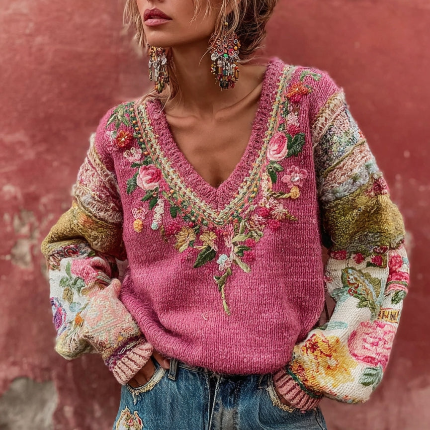 Women's Bohemian Floral Embroidery Patchwork Art V-neck Cozy Knit Sweater artswardrobe