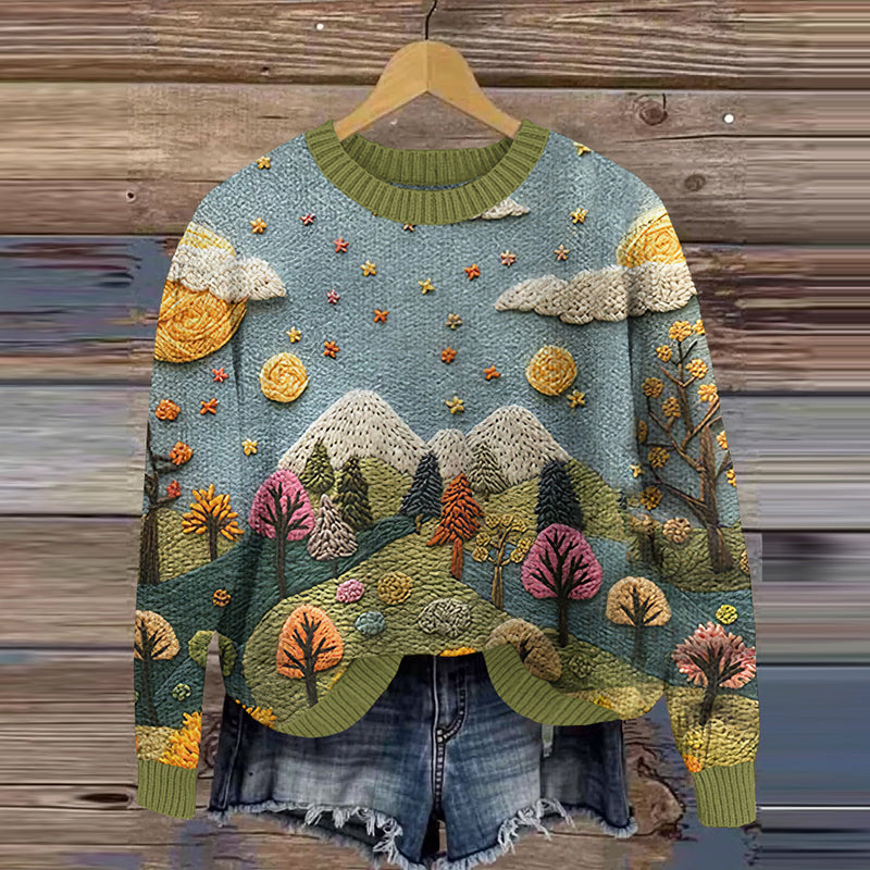Comstylish Vintage Colored Forest Mountain View Embroidery Print Art Cozy Knit Sweater