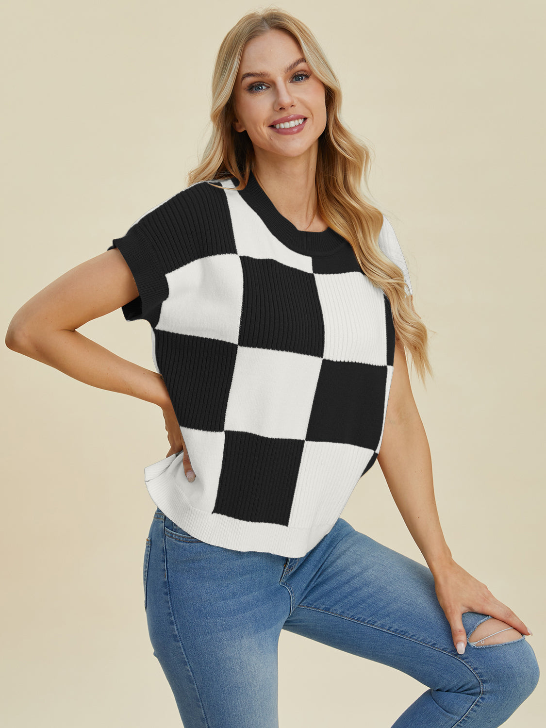 Rocio® | Double Take short sleeve check crew neck sweater in full size