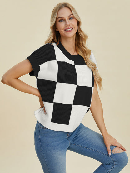 Rocio® | Double Take short sleeve check crew neck sweater in full size