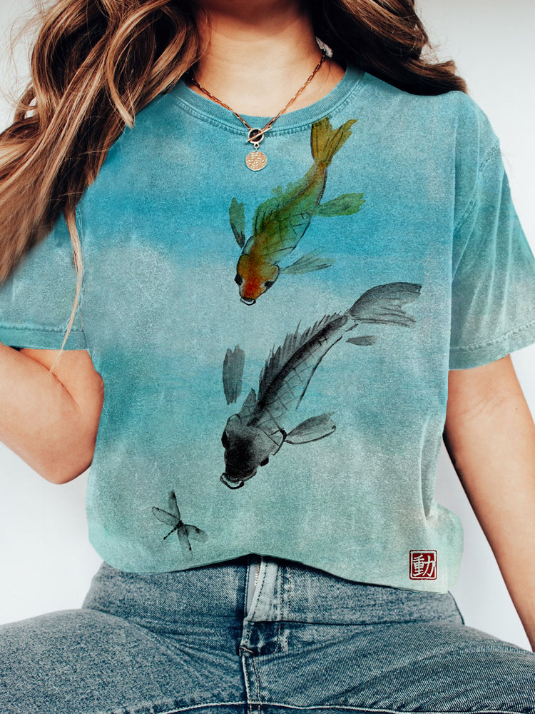 Comstylish Japanese Watercolor Koi & Dragonfly Art Washed T Shirt