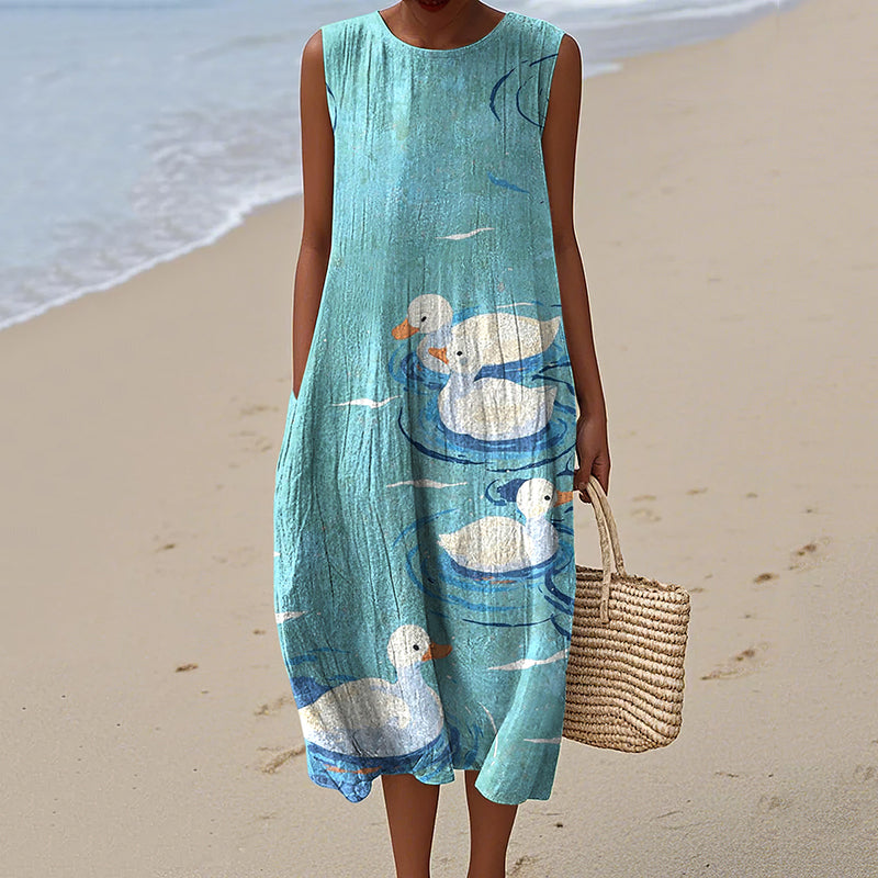 Vintage Loose Vintage Cute Duck Art Linen Tank Dress artswardrobe