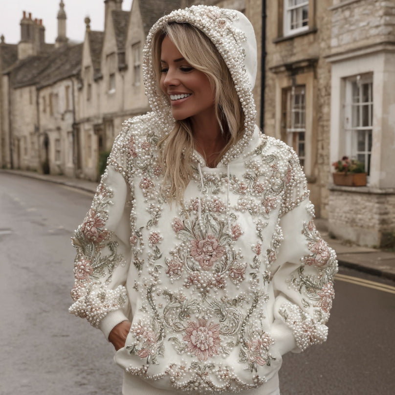 Comstylish Women's Vintage Pink Flower Embroidery Art Casual Hoodie