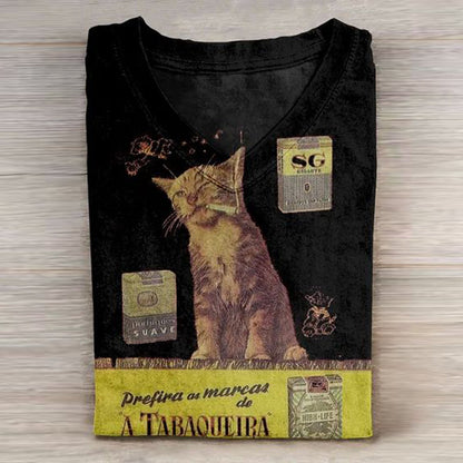 Retro Cat Smoking Casual T-Shirt elevenforest
