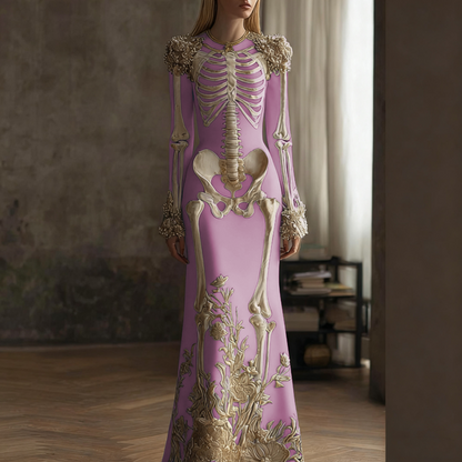 Comstylish Women's Halloween Retro Anatomy Art And Flower Gothic Velvet Long Dress