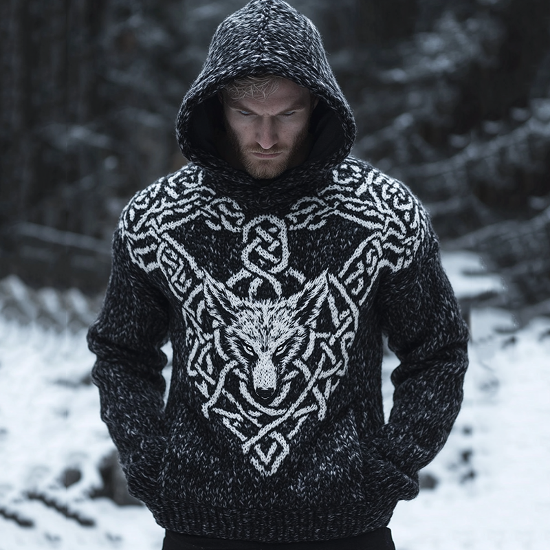 Men's Viking Tribal Wolf Jacquard Celtic Inspired Chunky Knit Hooded Sweater artswardrobe