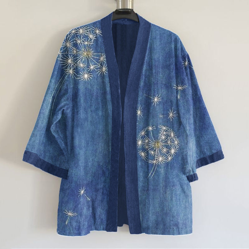Comstylish Japanese Traditional Sashiko Dandelion Art Pattern Art Print Linen Blend Kimono Cardigan