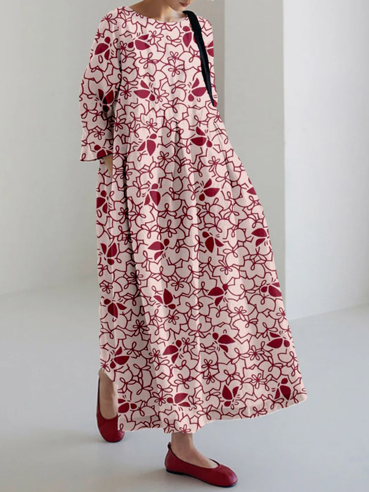 Vintage Japanese Pattern Linen Blend Maxi Dress