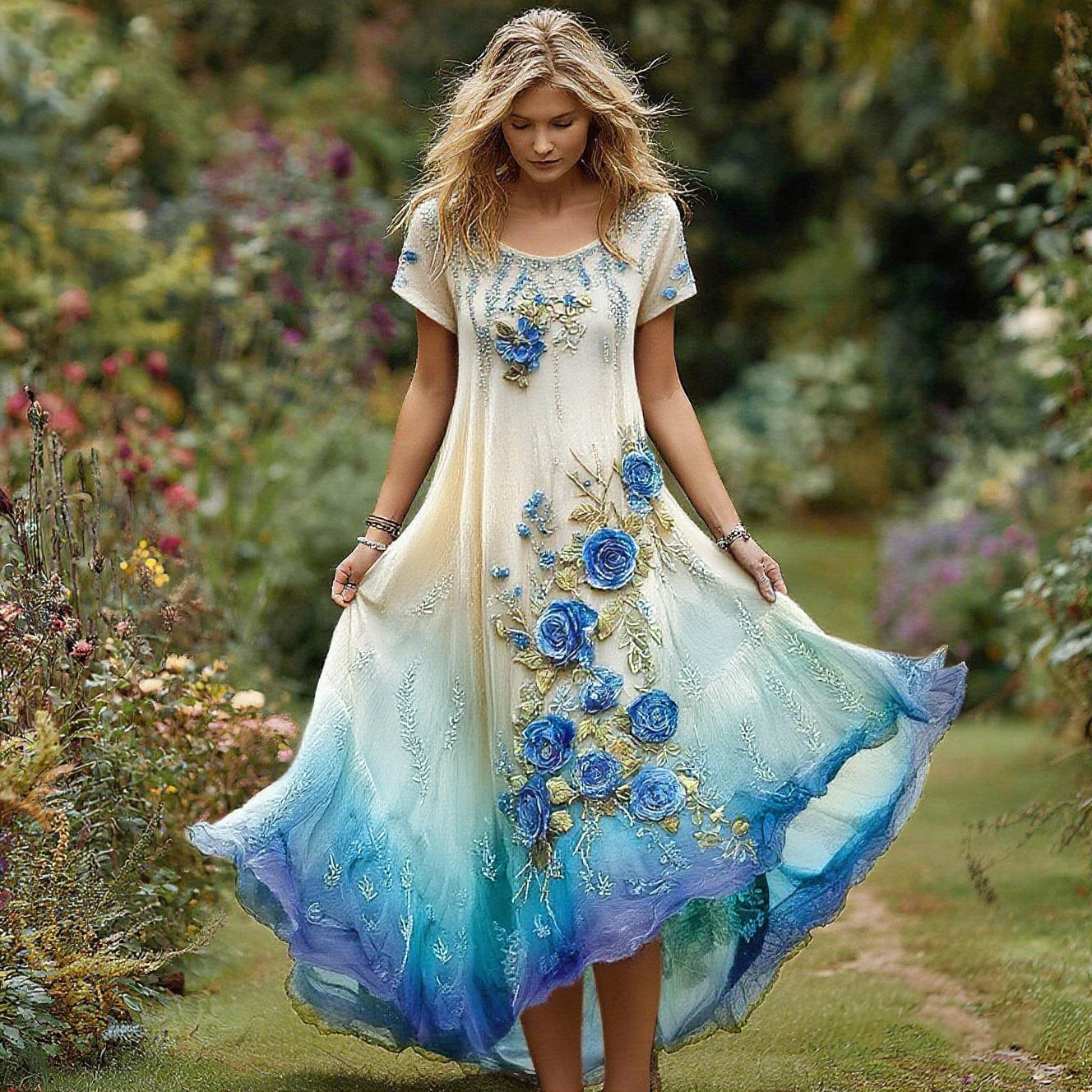 Women's Vintage Floral Embroidery Gradient Pattern Round Neck Dress artswardrobe