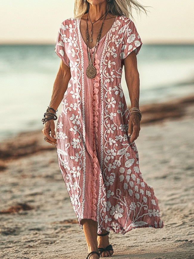 Women's Vintage Ethnic Floral Art Print Pocket Cotton Dress