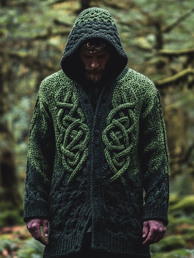 Men's Celtic Knot Contrast Cozy Knit Hooded Cardigan artswardrobe