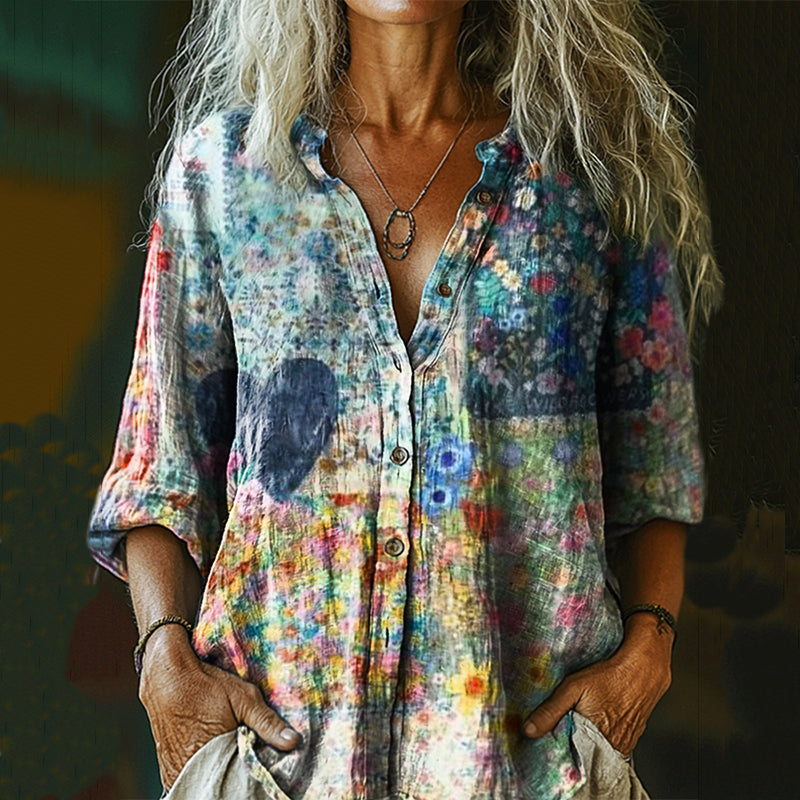 Women's Retro Mushroom Print Casual Cotton And Linen Shirt artswardrobe