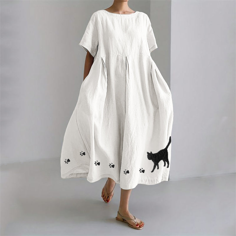 Comstylish Black Cat & Paw Prints Embroidered Linen Blend Maxi Dress
