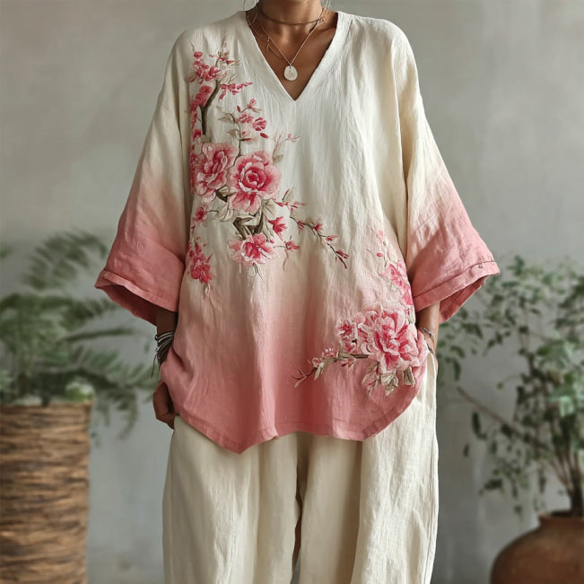 Comstylish Vintage Pink Floral Gradient Pattern Linen V Neck T-shirt