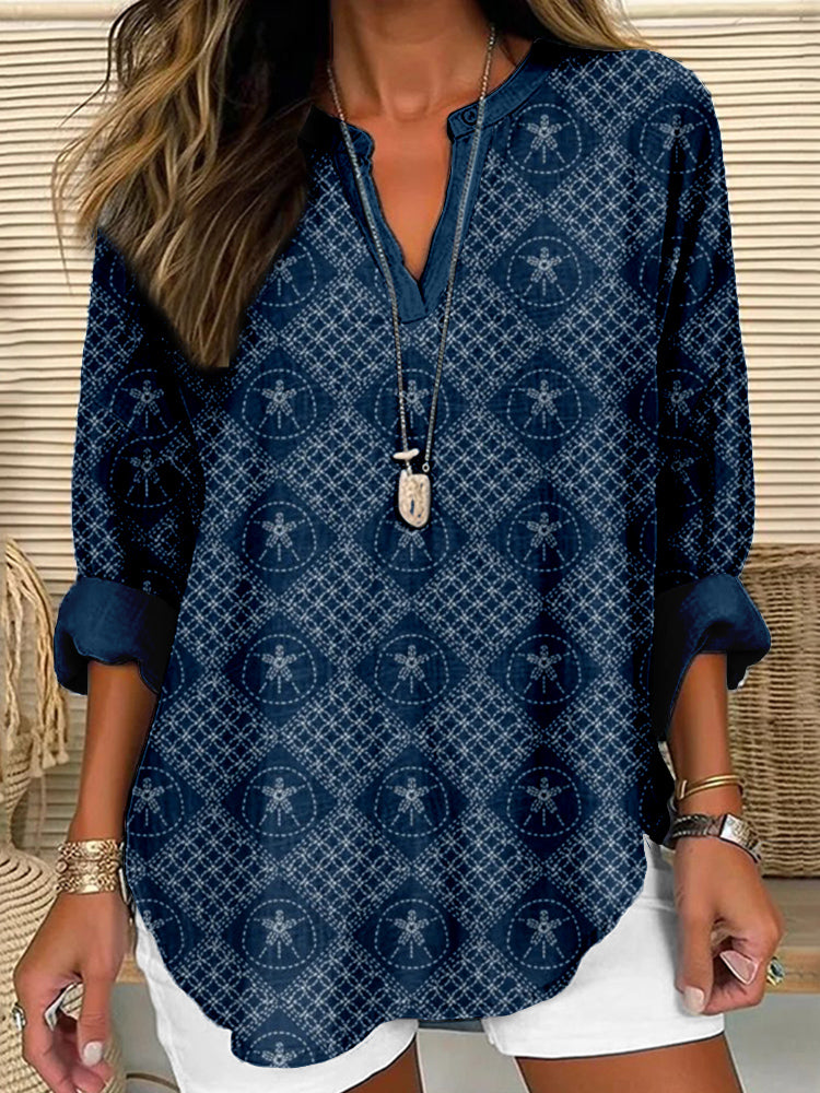 Comstylish Sashiko Sand Dollar Japanese Art Linen Blend Shirt