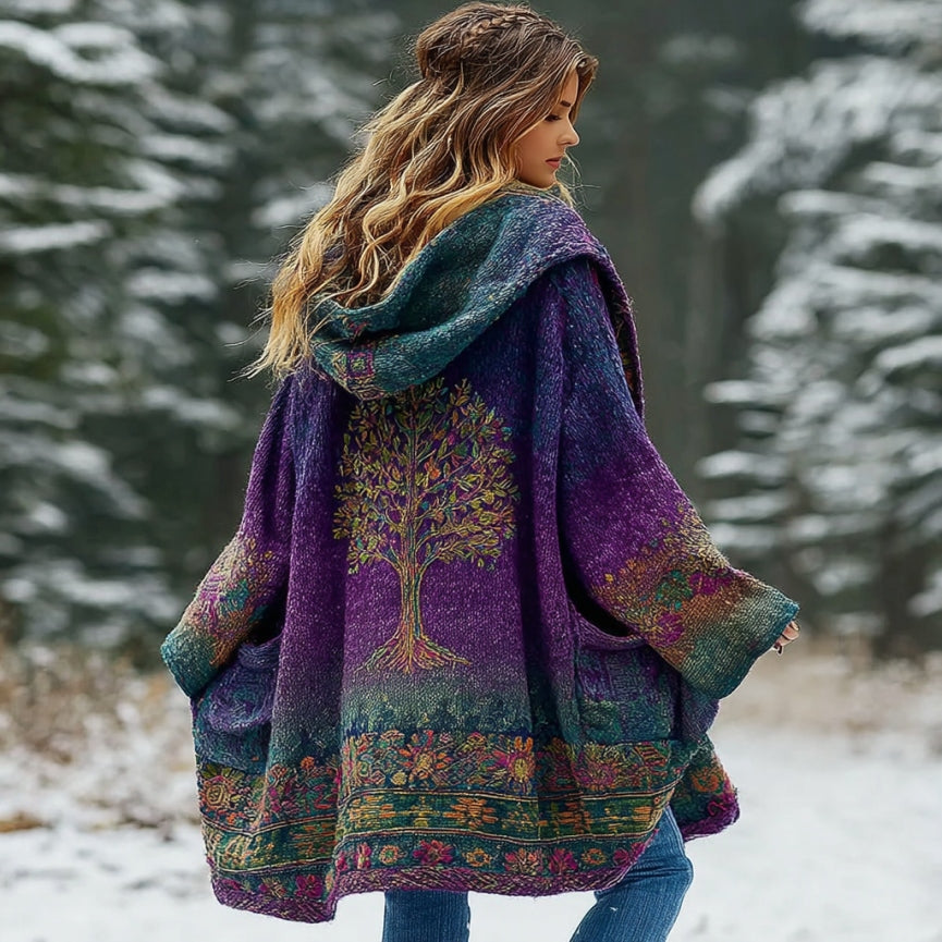 Comstylish Women's Tree Of Life Gradient Cozy Pocket Hooded Cardigan