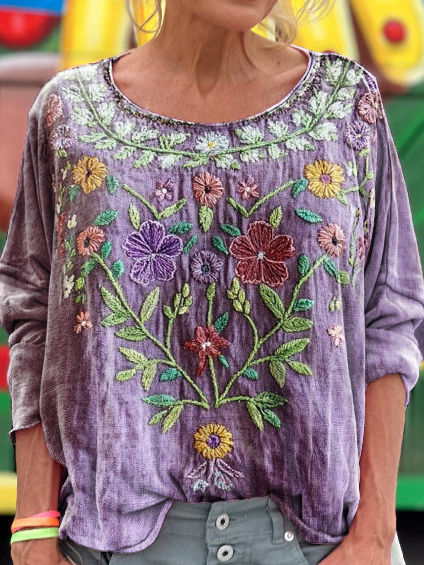 Women's Vintage Ethnic Floral Art Print Casual Long Sleeve T-shirt
