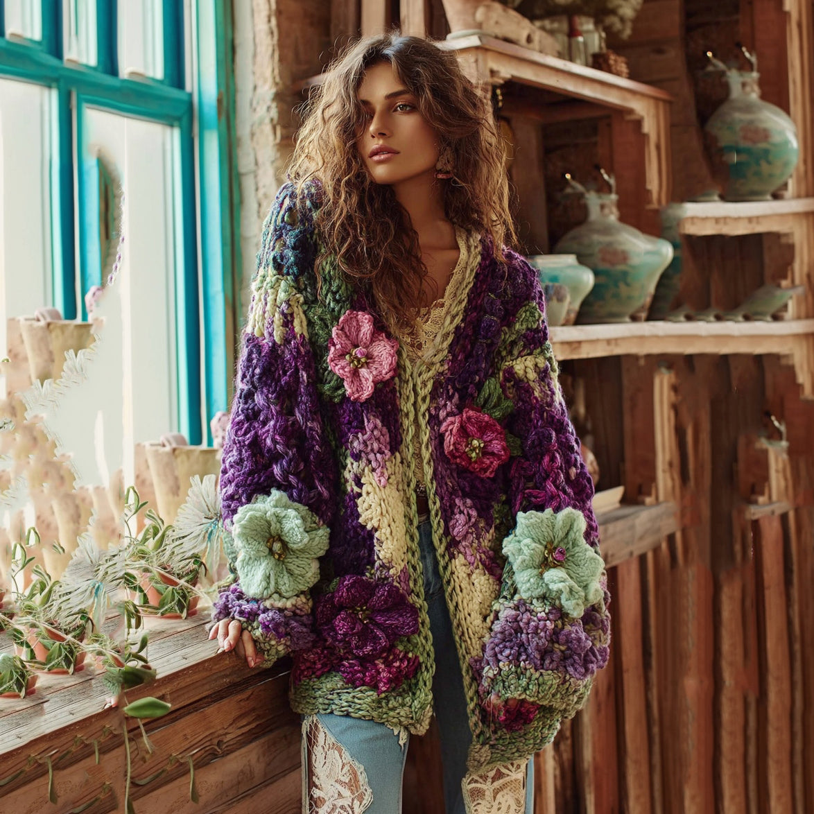 Women's Bohemian Chunky Knit Crochet Floral Contrast Cardigan Sweater artswardrobe