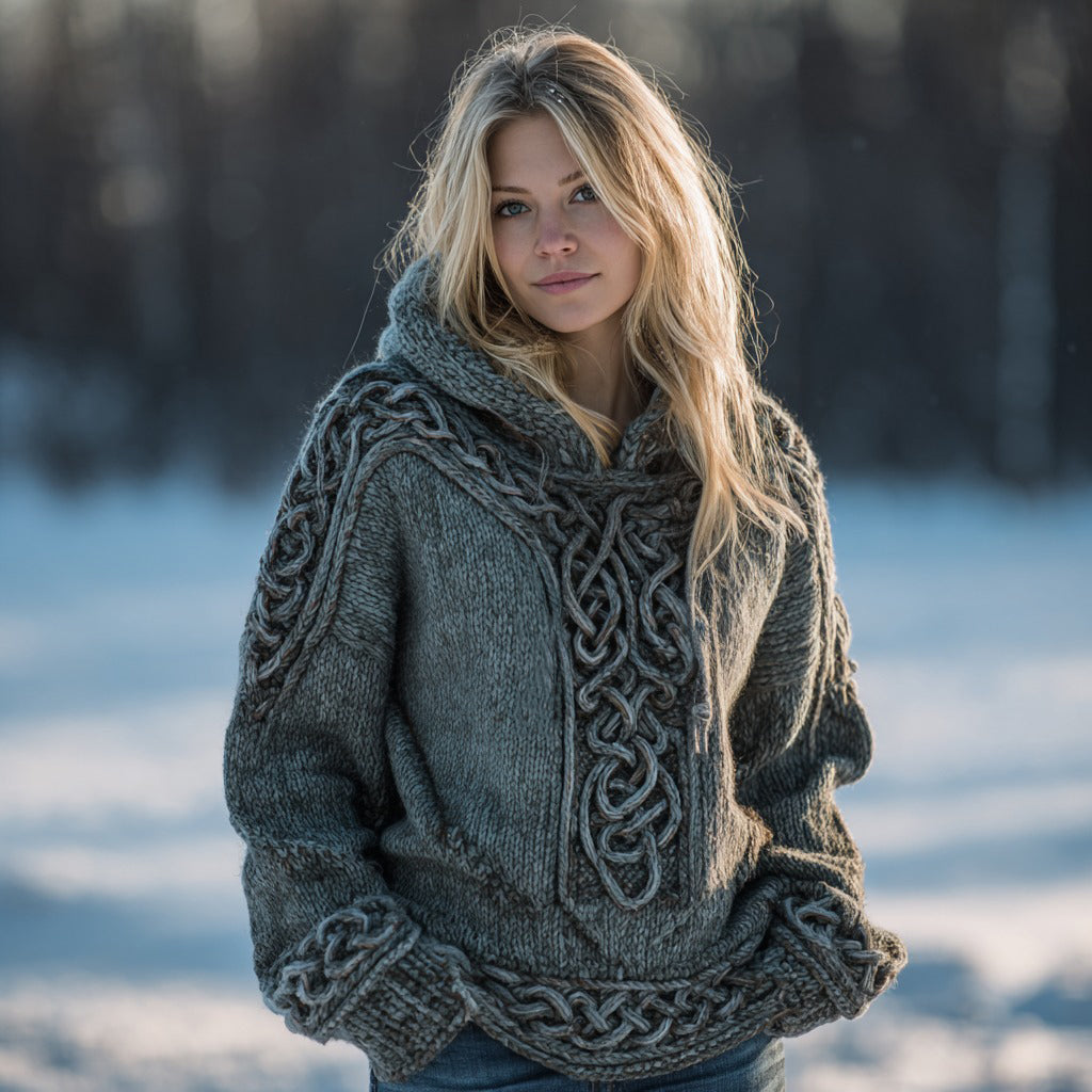 Women's Vintage Viking Celtic Rune Knit Hooded Sweater artswardrobe