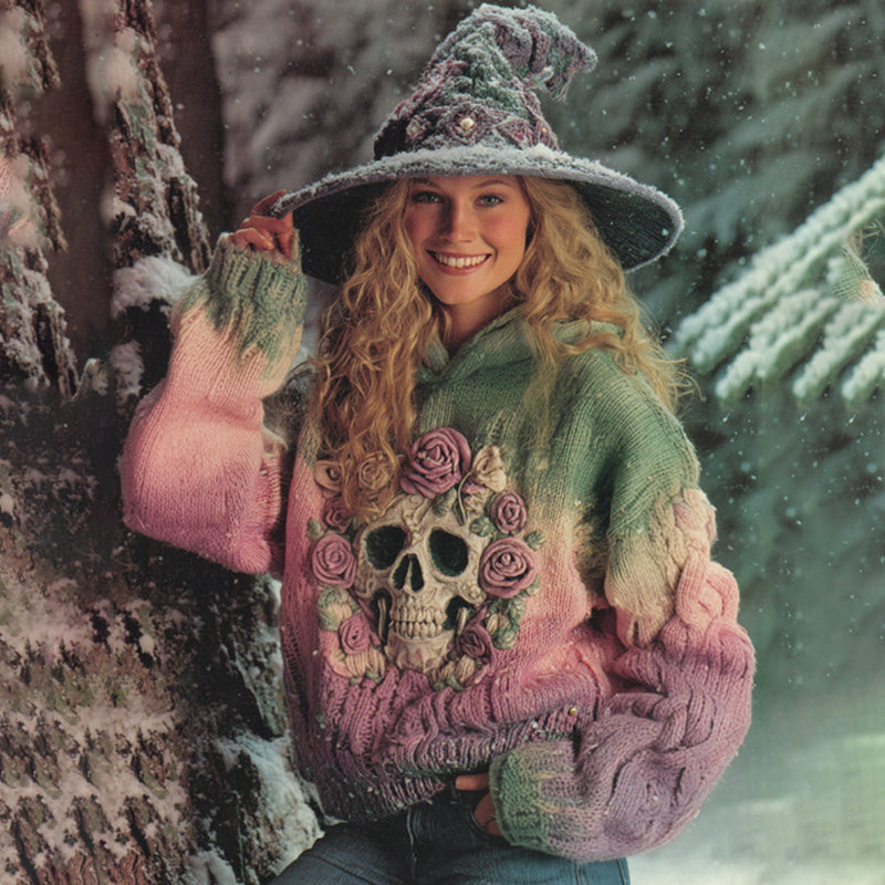 Women's Gradient Rose And Skull Inspired Chunky Knit Hooded Sweater artswardrobe