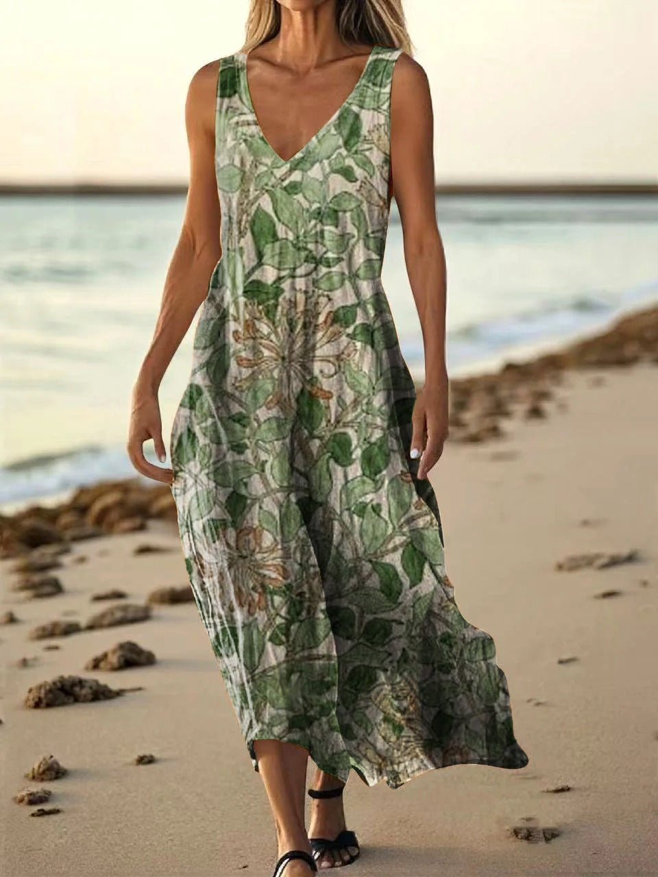 Women's Floral Art Print Pocket Cotton Dresses