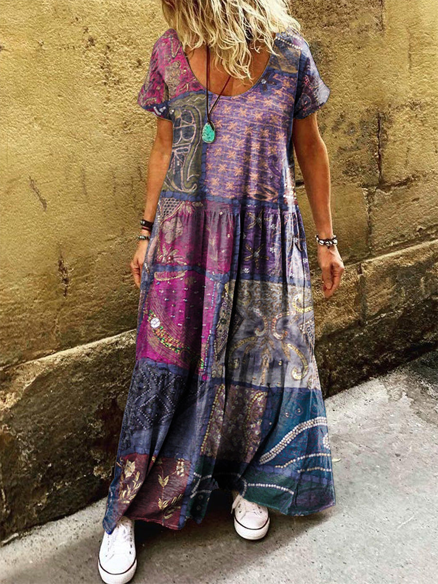 Women's Vintage Bohemian Patchwork Art Print Pocket Short Sleeve Cotto