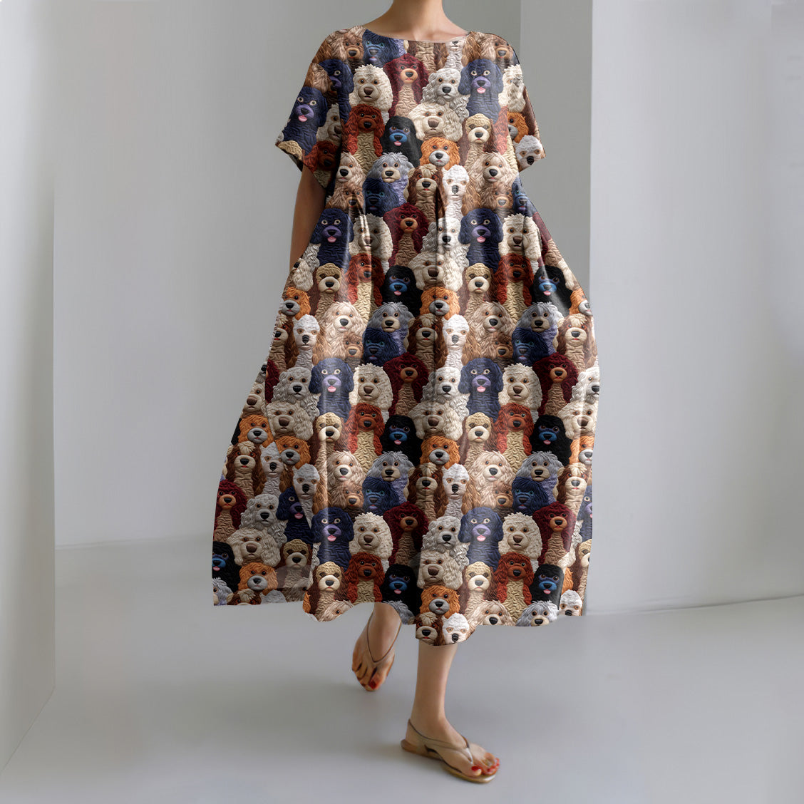 Comstylish Dog Print Crew Neck Short Sleeve Midi Dress