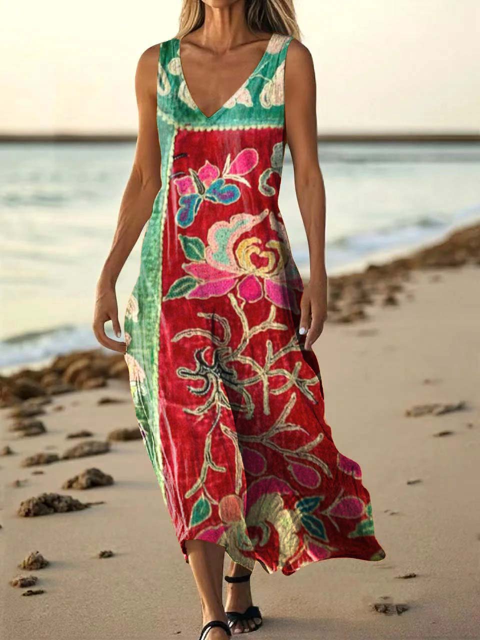 Women's Floral Art Print Pocket Cotton Dresses