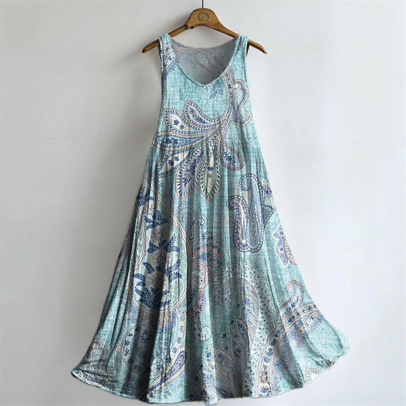 Women's Retro Paisley Floral Art Print Crew Neck Sleeveless Cotton Poc