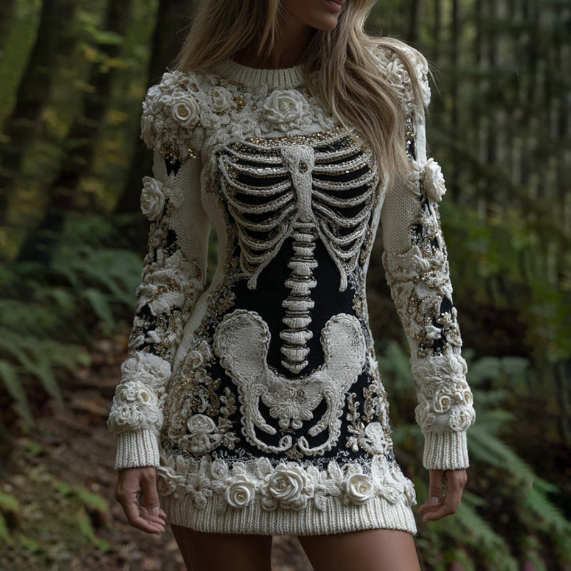 Comstylish Women's Vintage Halloween Skeleton Bones Rose Art Cozy Knit Mini Sweater Dress