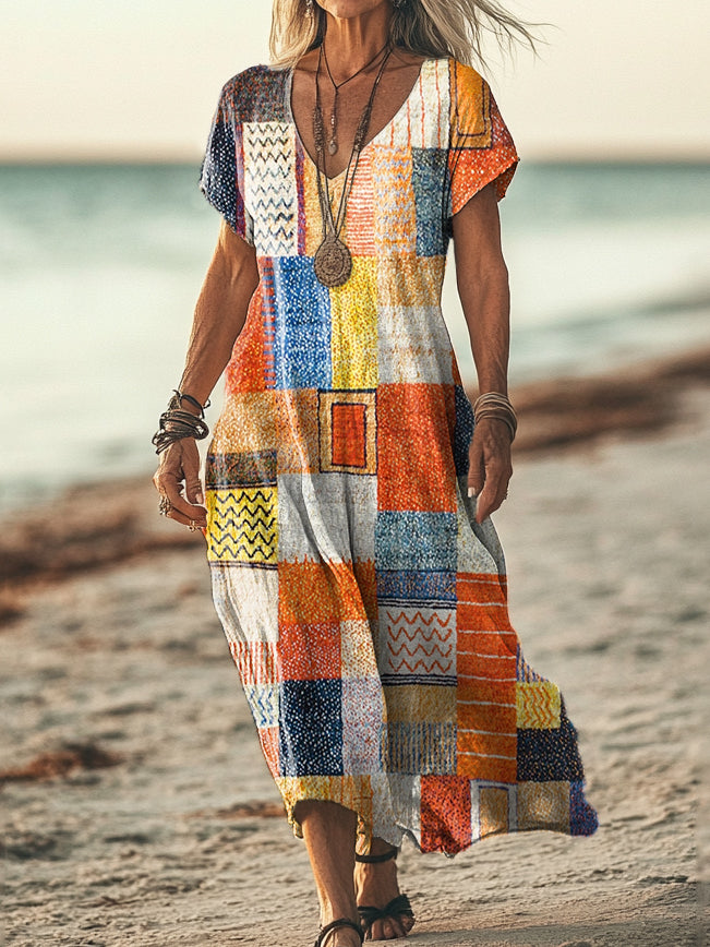 Women's Retro Geometric Patchwork Art Print Sleeveless V-Neck Pocket C